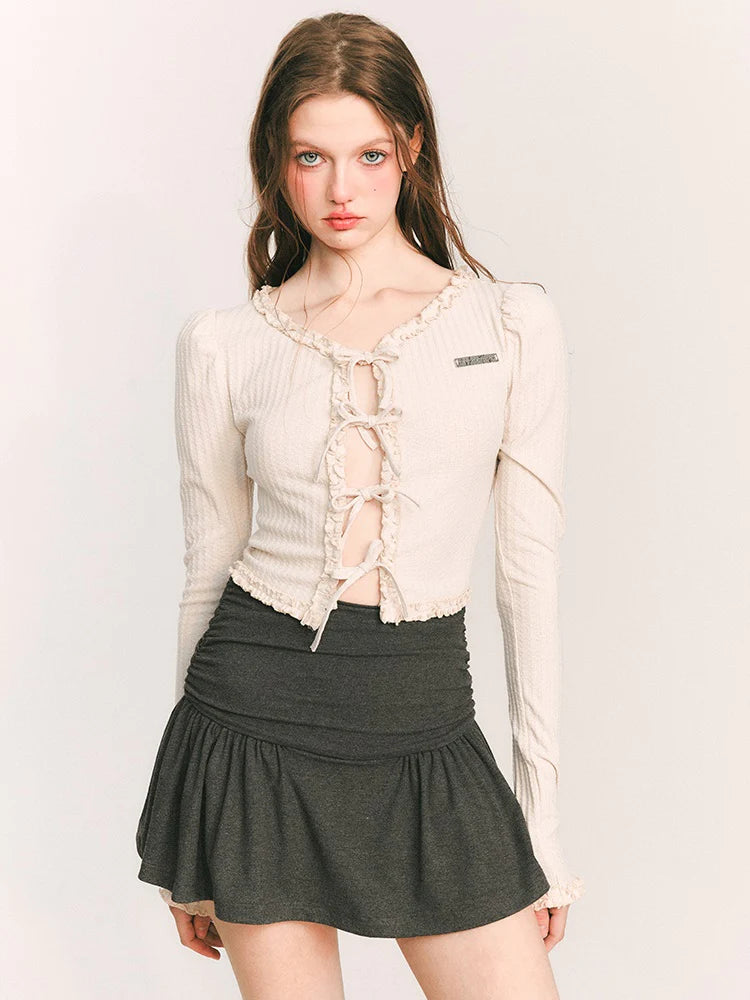 Strap Bow Short Knit Slim Cardigan