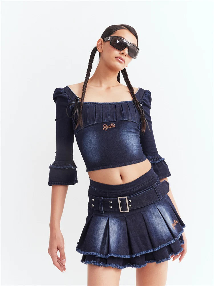 Denim Puff Sleeve Top & Pleated Skirt