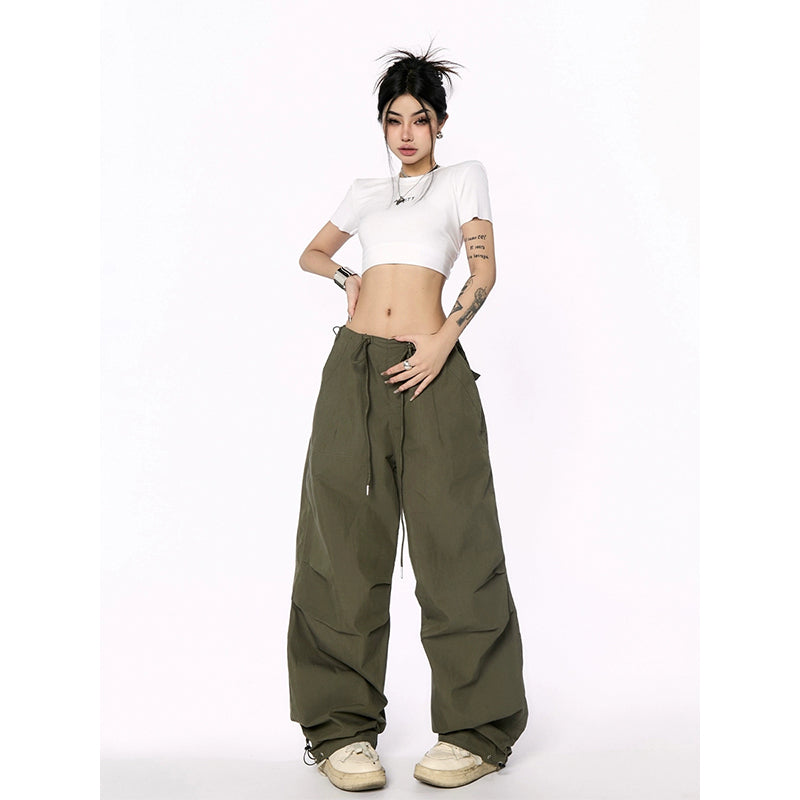 AN JITT Peach Collection" Grey Parachute Pants New American Style Drawstring Utility Pants Wide-Leg Casual Pants for Women Spring/Summer