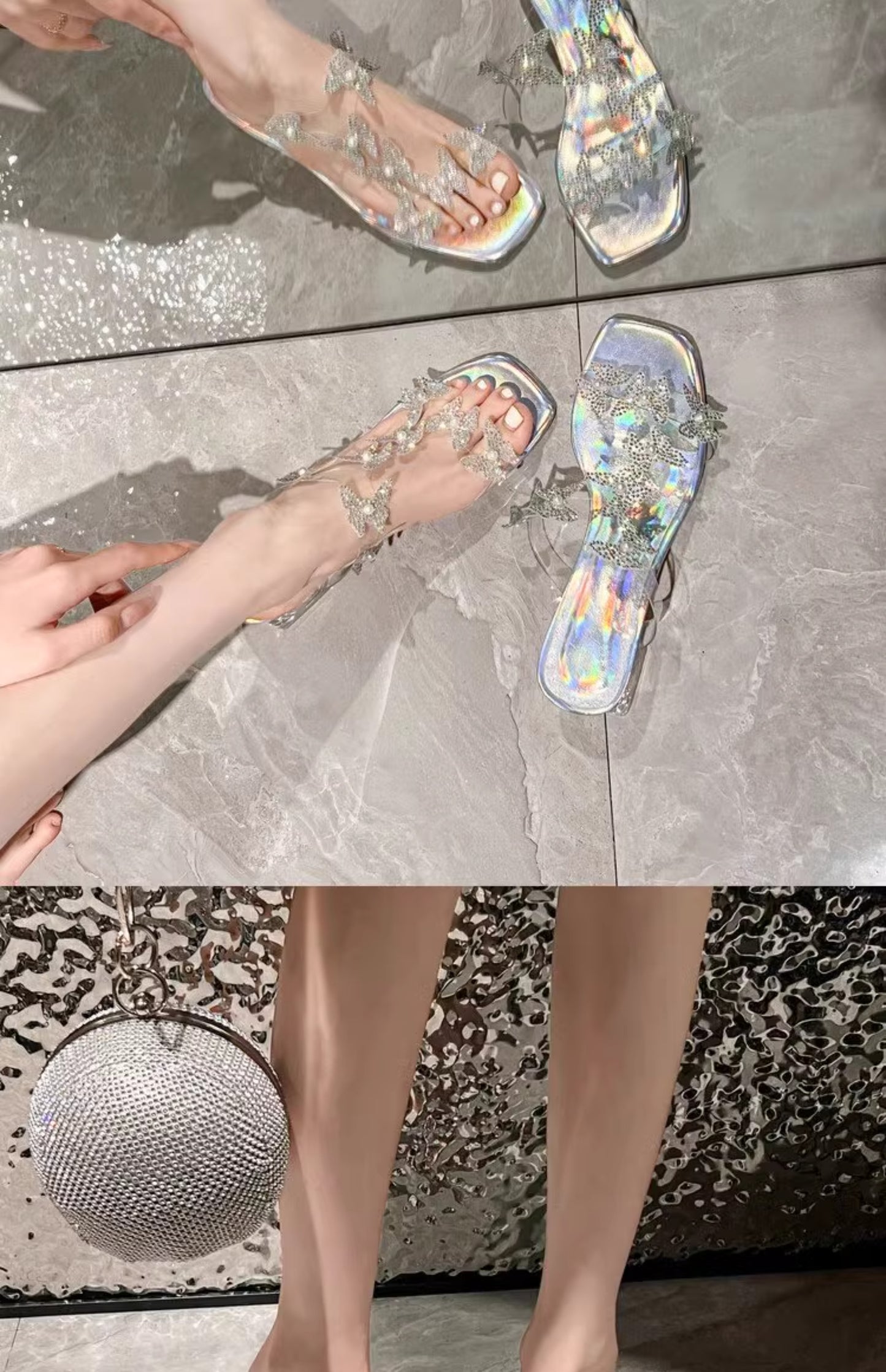 Lost in Butterfly Valley ~ Fairy-style Beautiful Sandals for Women, Summer, Bling Transparent Butterfly Crystal High Heel Half Drag Shoes, Suitable for Outdoor Wear