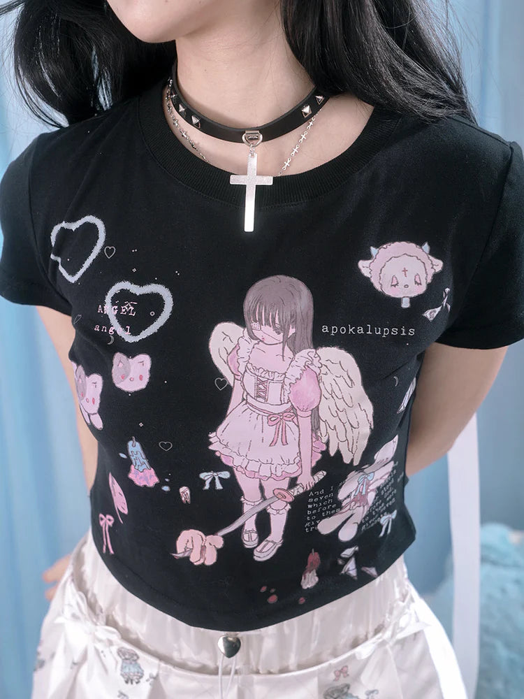 Angel Print Short-Sleeed Tight Tight T-Shirt- Simple Outfit