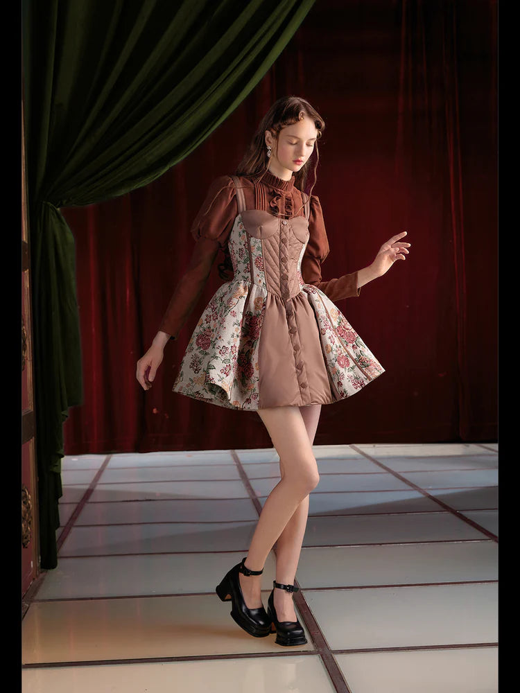 Doll Jacquard Splicing Fishbone Suspender Dress ＆ Puff Sleeve Shirt