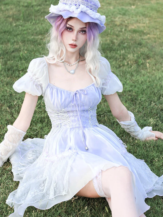 Y2K Sweet Puff Sleepes Lace French Dress- Outfit Inspo