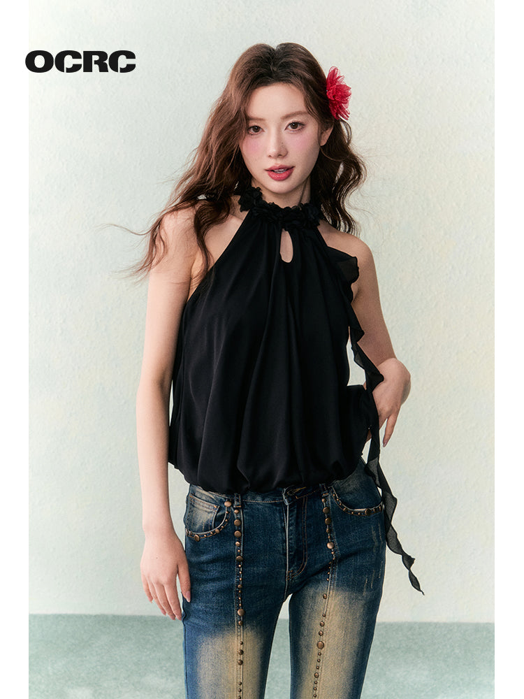 OCRC Official Red Flower Collar Spaghetti Strap Design Sensation Floating Ribbon Bud Chiffon Top