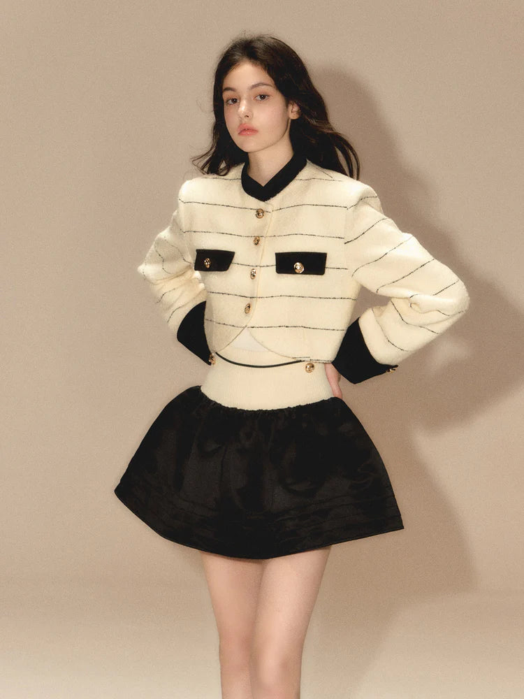 Line Border Mao Collar Short Jacket & Puffy Skirt