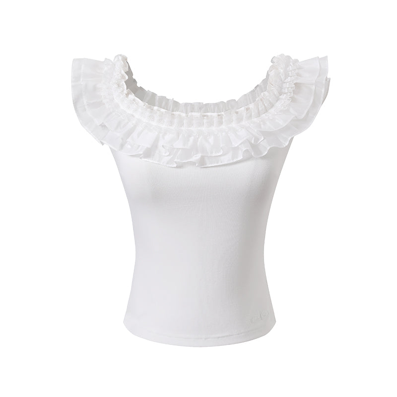 Underpass Original Design White Lace One-Shoulder Slim Fit Waist-Defining Dual-Wear Versatile Short-Sleeve T-Shirt Women