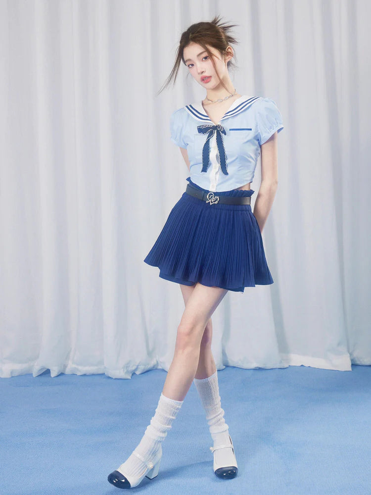 School Girl Puff Sleeve Top & Pleated Skirt