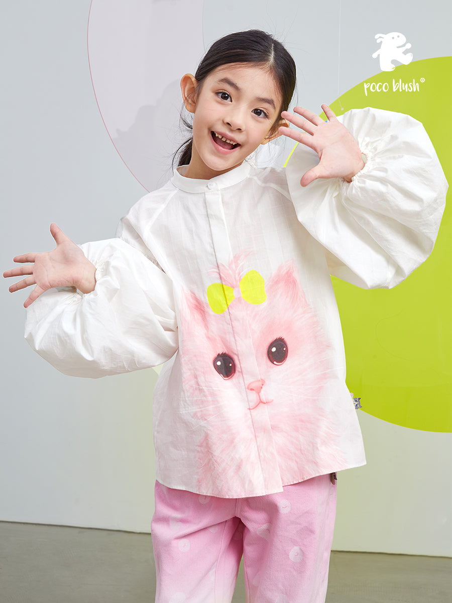 Pocoblush Original Design: Cat Portrait Shirt for Girls, Spring/Summer 2024 New Long Sleeve Top, Doll Dress.