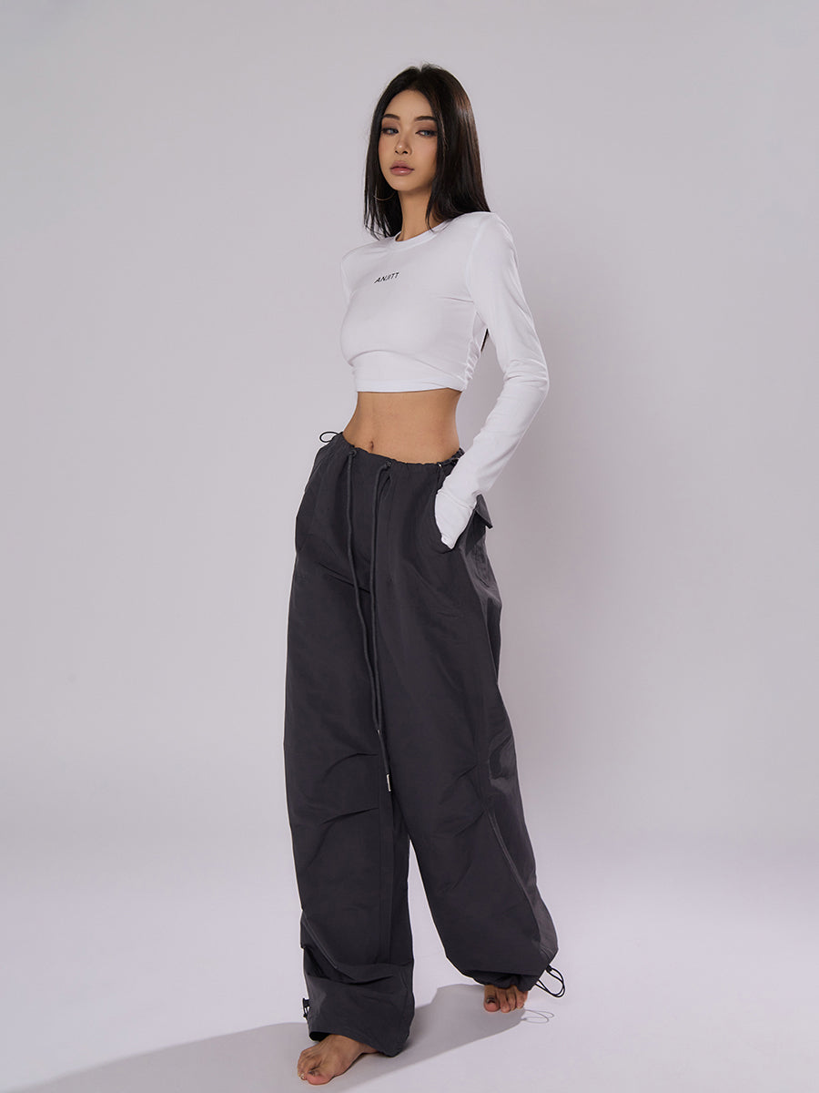 AN JITT Peach Collection" Grey Parachute Pants New American Style Drawstring Utility Pants Wide-Leg Casual Pants for Women Spring/Summer