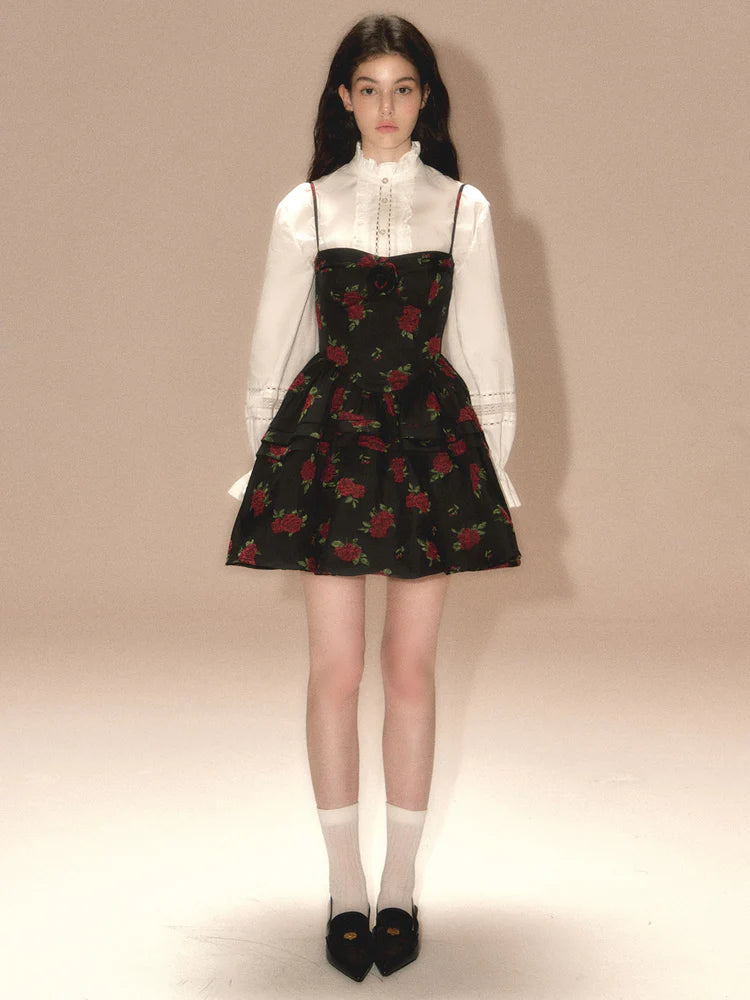 Rose Jacquard Puffy Suspender Dress