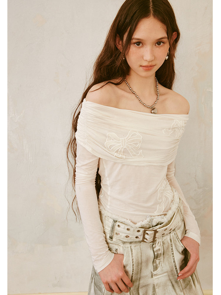 DIDDI MODA Butterfly Knot Hollow Patch Embroidery One-Shoulder Top Women's High-end Sense Temperament Age-reducing Long Sleeve T-shirt