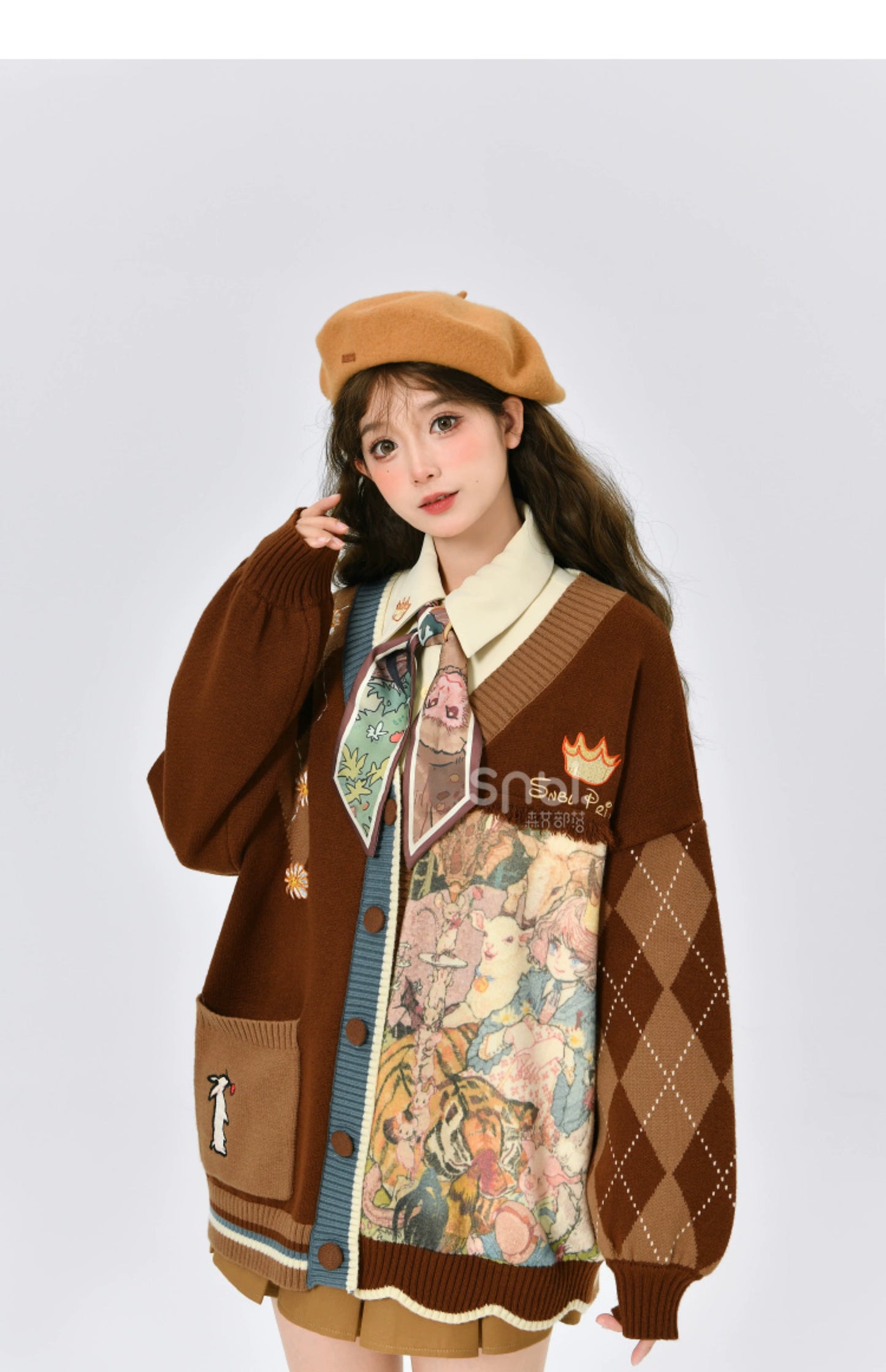 Vintage and lazy atmosphere loose knit sweater with V-neck and cardigan jacket #PN-5010