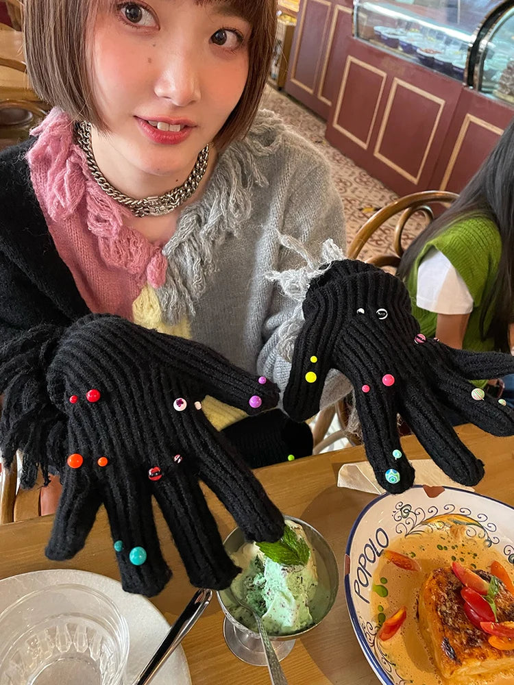 Colorful Beads Knitted Hat & Gloves-Simple Outfits