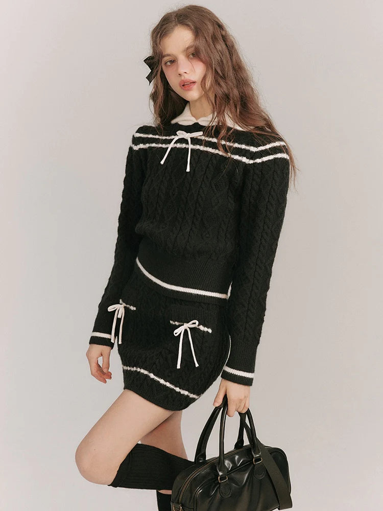 Cable Knitted Contrast Color Sweater & Skirt