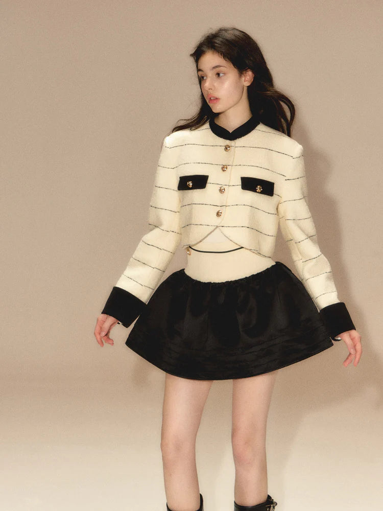 Line Border Mao Collar Short Jacket & Puffy Skirt