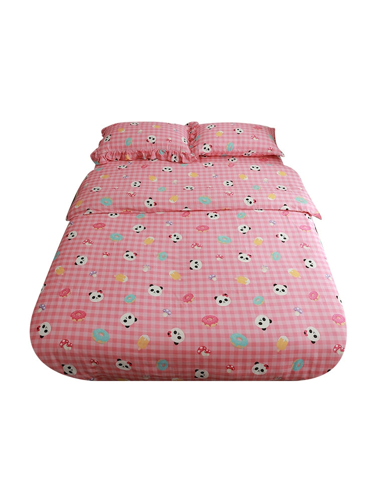 Lovely panda pink gingham pure cotton double-layer gauze bedsheet, duvet cover, fitted sheet, pillow case set, Bedding Set