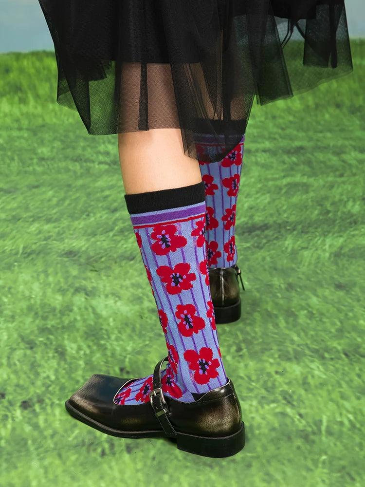 Flower Pattern Jacquard Striped Socks- Outfits Aesthetic