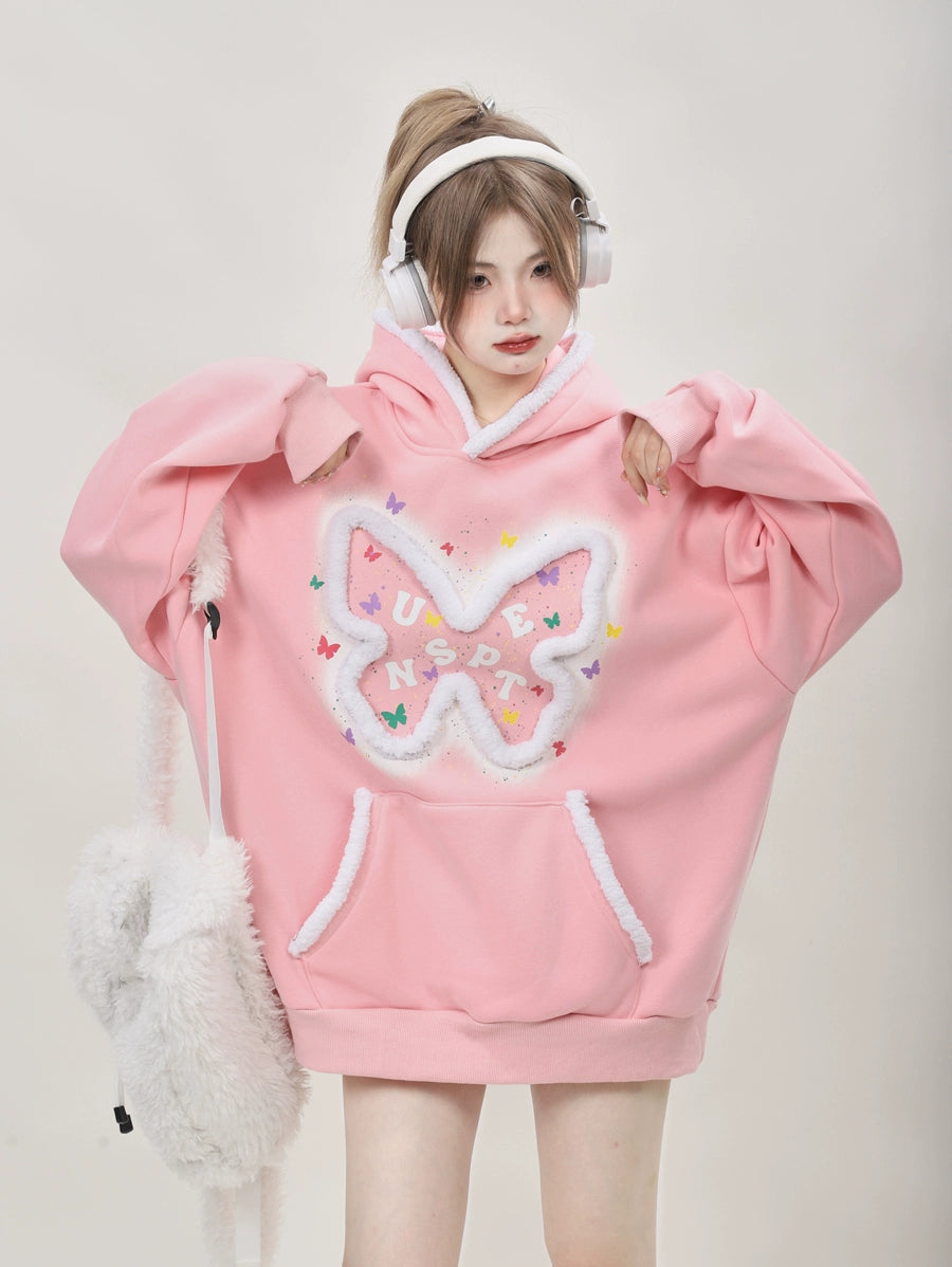 Oversized Kawaii Pink butterfly pullover sweatshirts, hoodies, with added fleece and thickened #PN-5008