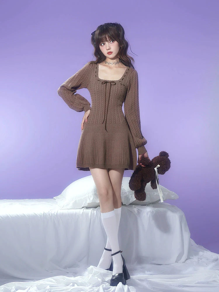 Square Neck Cable Knitted Dress