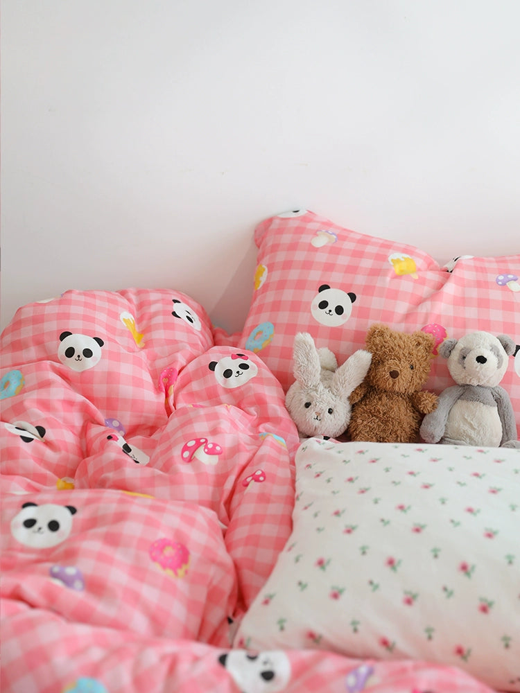 Lovely panda pink gingham pure cotton double-layer gauze bedsheet, duvet cover, fitted sheet, pillow case set, Bedding Set