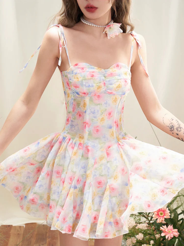 Smudged Floral Suspender Dress with Rose Pearl Necklace