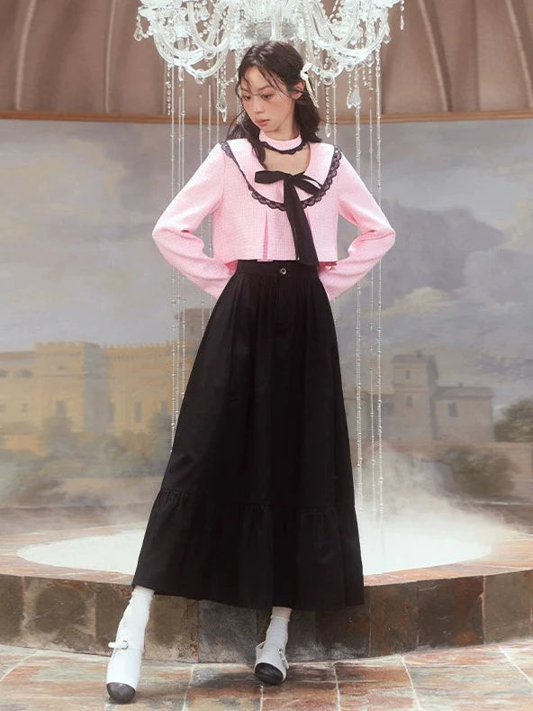 Lace Round Collar Cropped Top & Frill Long Skirt