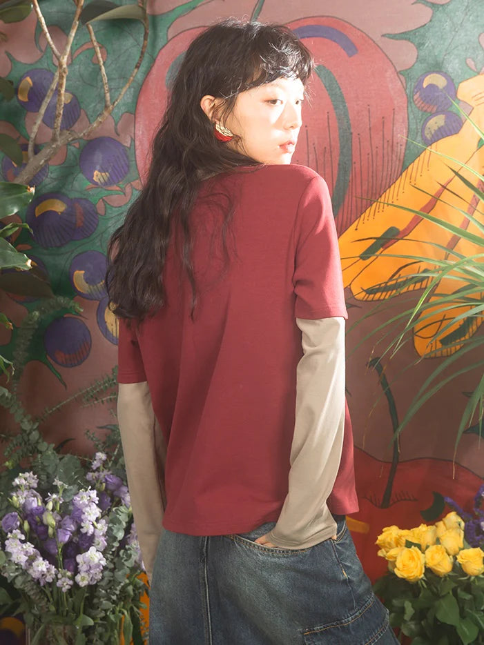 Cherry Print Fake Layered Long-sleeved T-shirts- Simple Outfits