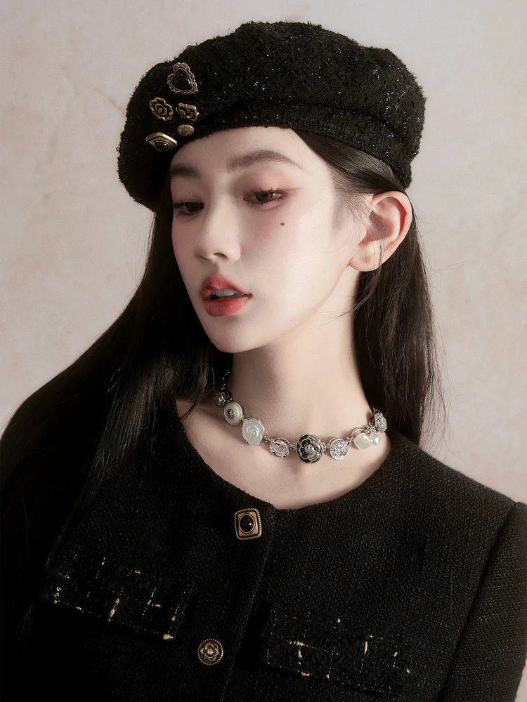 Gold Button Tweed Beret