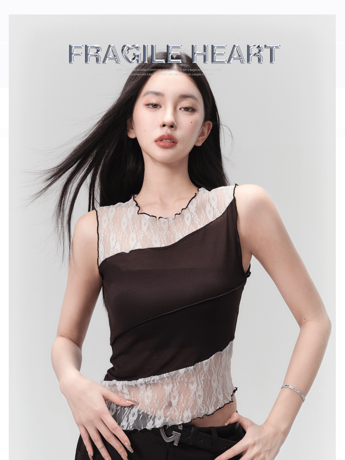 [In stock] Fragileheart Store - Brulee Milk Foam High-End Spicy Girl Vest Sweet and Cool Lace Spliced Top