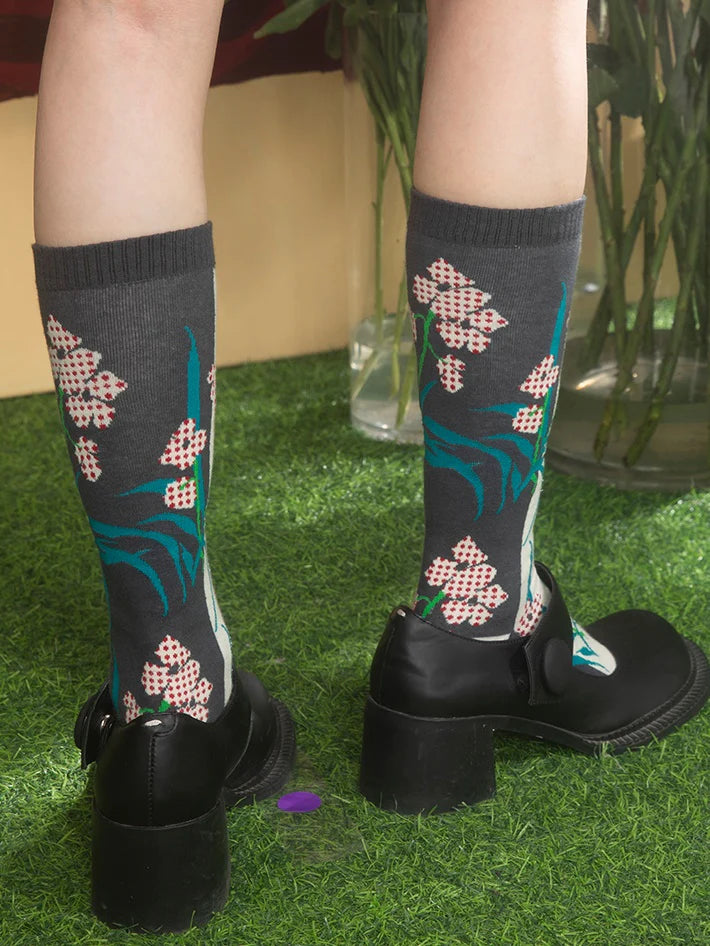 Phalaenopsis Jacquard Mid-calf Socks- Outfits Aesthetic