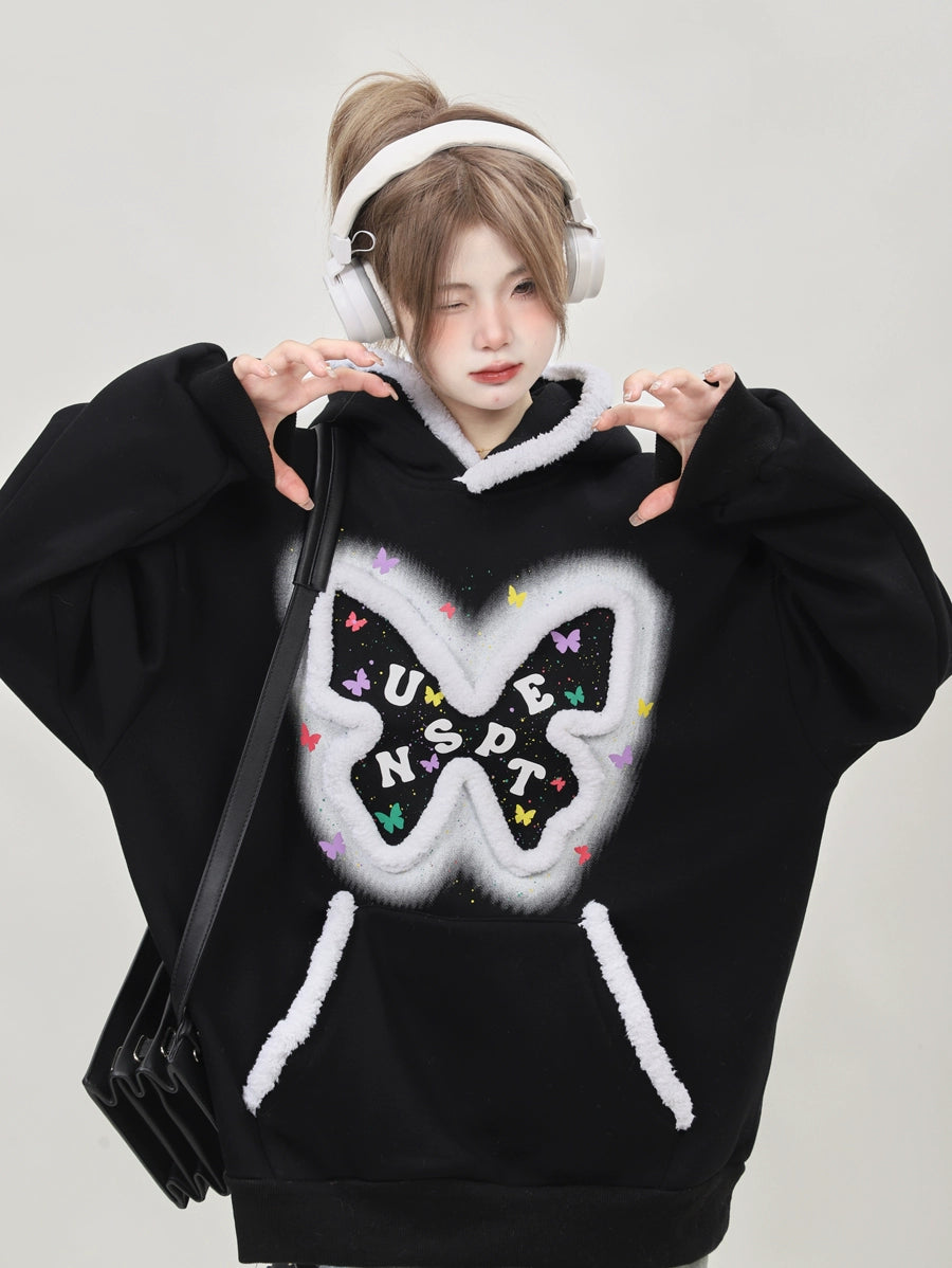 Oversized Kawaii Pink butterfly pullover sweatshirts, hoodies, with added fleece and thickened #PN-5008