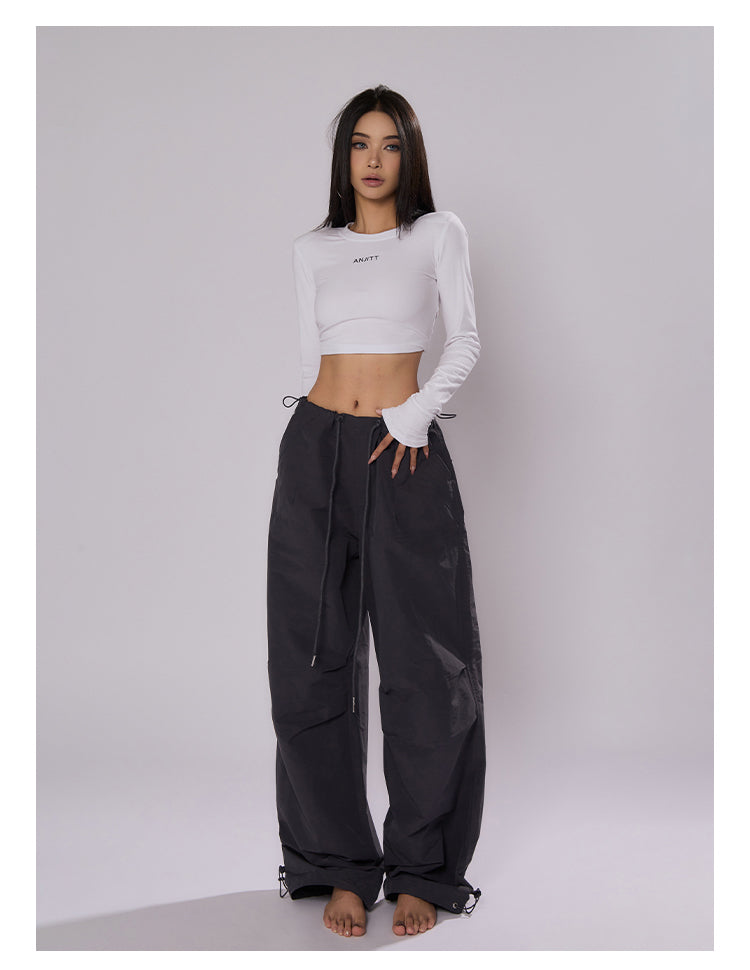 AN JITT Peach Collection" Grey Parachute Pants New American Style Drawstring Utility Pants Wide-Leg Casual Pants for Women Spring/Summer