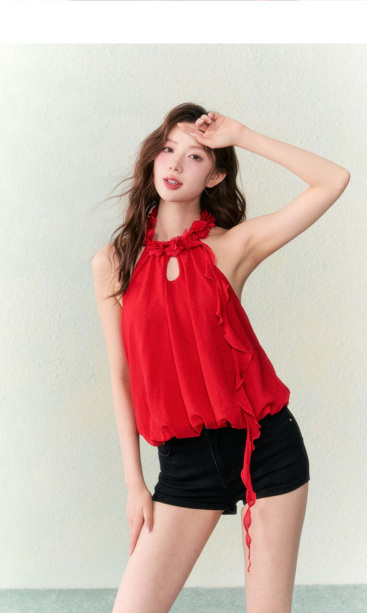 OCRC Official Red Flower Collar Spaghetti Strap Design Sensation Floating Ribbon Bud Chiffon Top