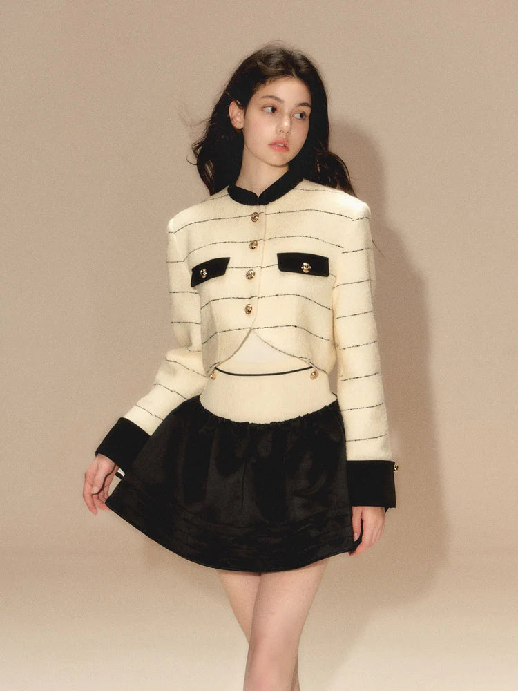 Line Border Mao Collar Short Jacket & Puffy Skirt