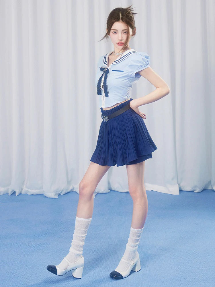 School Girl Puff Sleeve Top & Pleated Skirt