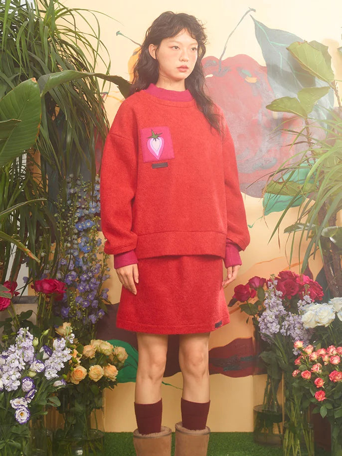 Strawberry Embroidery Fake Two-piece Knitted Top & Skirt- Spring Fashion