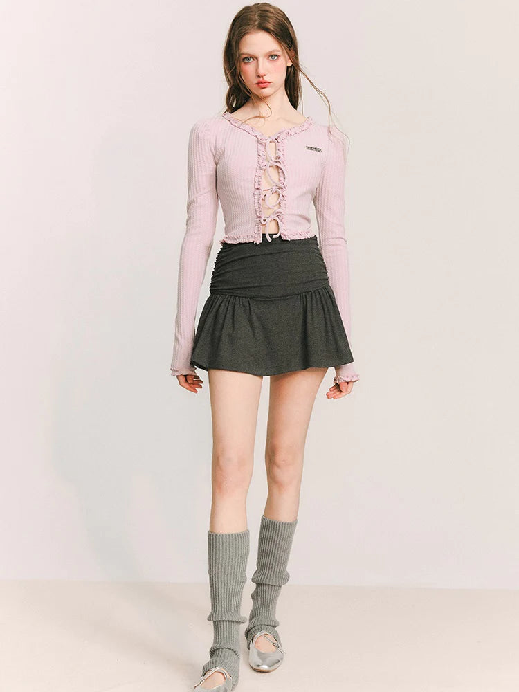 Strap Bow Short Knit Slim Cardigan