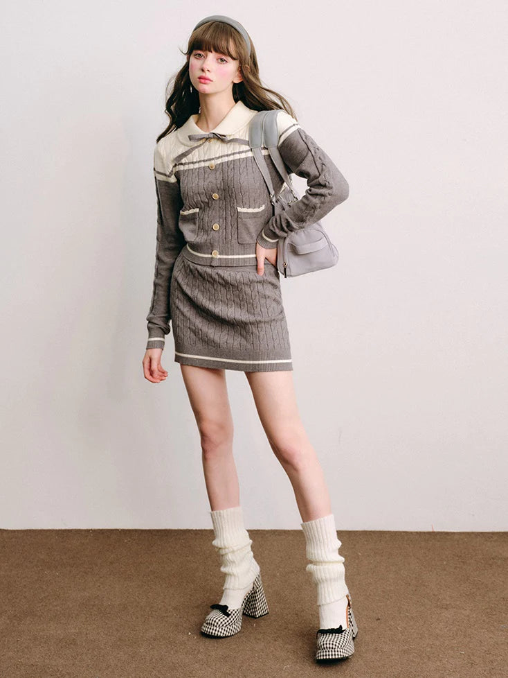 Polo Collar Knitted Sweater ＆ Cable Mini Skirt