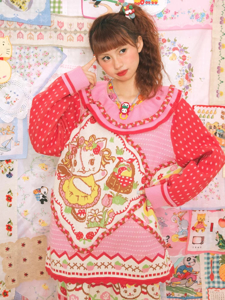 Large Lapel Cat Strawberry Jacquard Pullover Sweater- Outfits Aesthetic