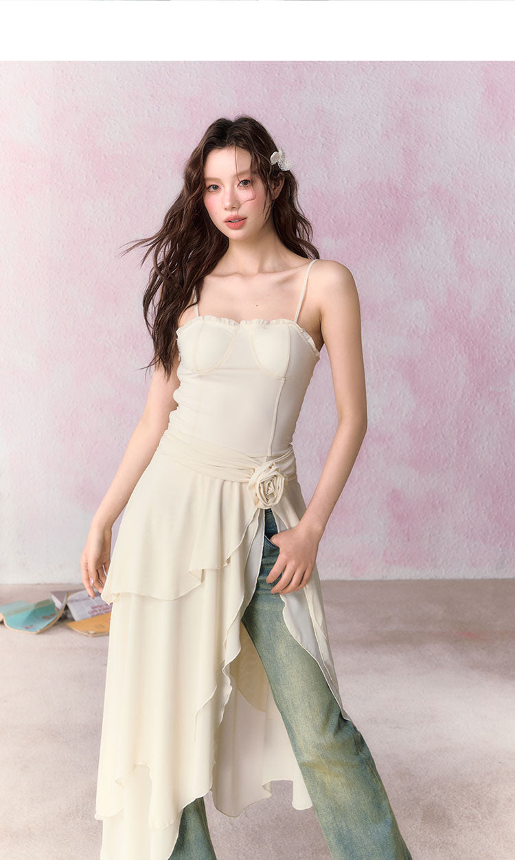 OCRC Official Seaside Vacation Style Spaghetti Strap Dress, featuring an irregular hemline and built-in chest pads, perfect for summer outings.