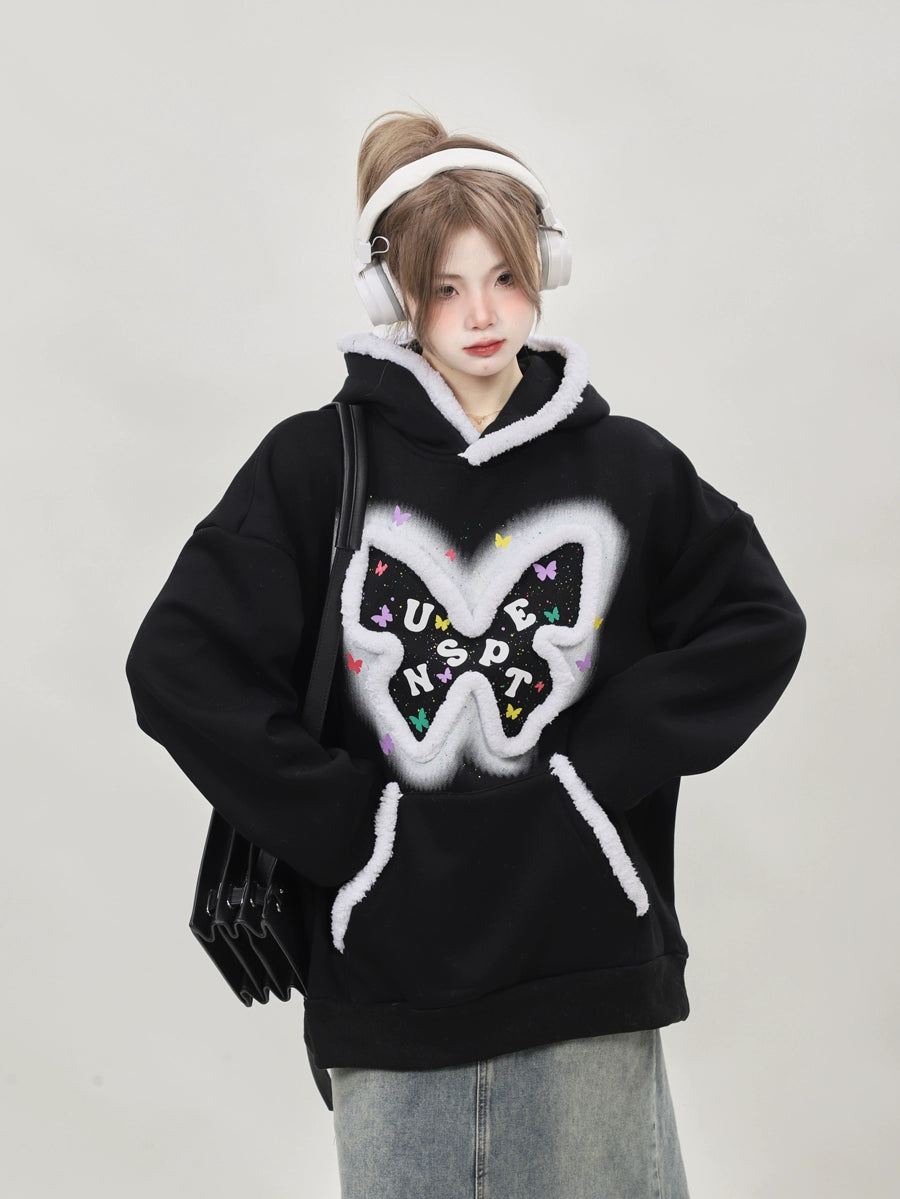 Oversized Kawaii Pink butterfly pullover sweatshirts, hoodies, with added fleece and thickened #PN-5008