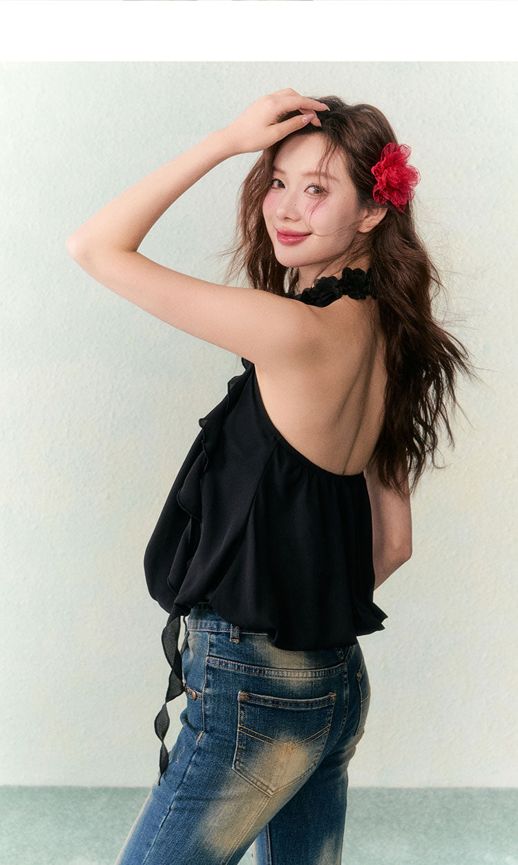 OCRC Official Red Flower Collar Spaghetti Strap Design Sensation Floating Ribbon Bud Chiffon Top