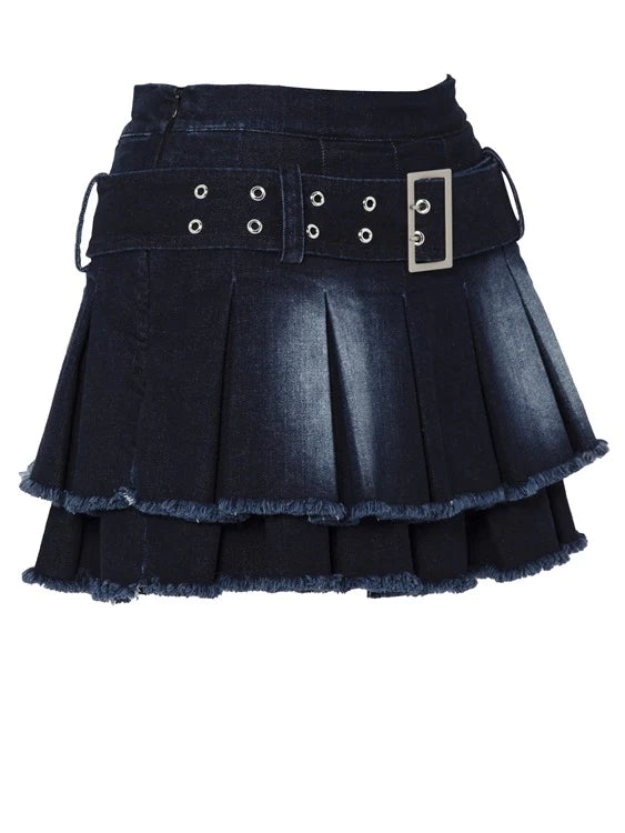 Denim Puff Sleeve Top & Pleated Skirt