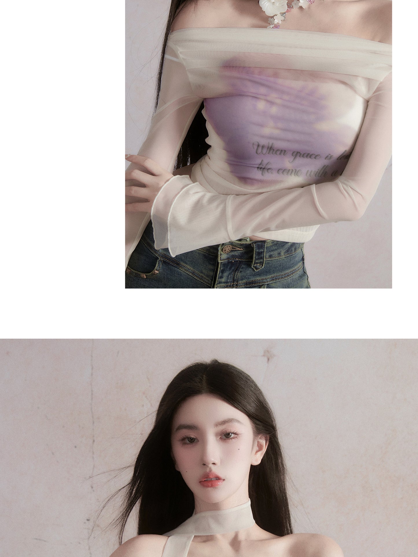 "Fragileheart" Broken Rose Purple Flower One-Shoulder Sweet and Spicy Top Design Sense Long Sleeve T-shirt