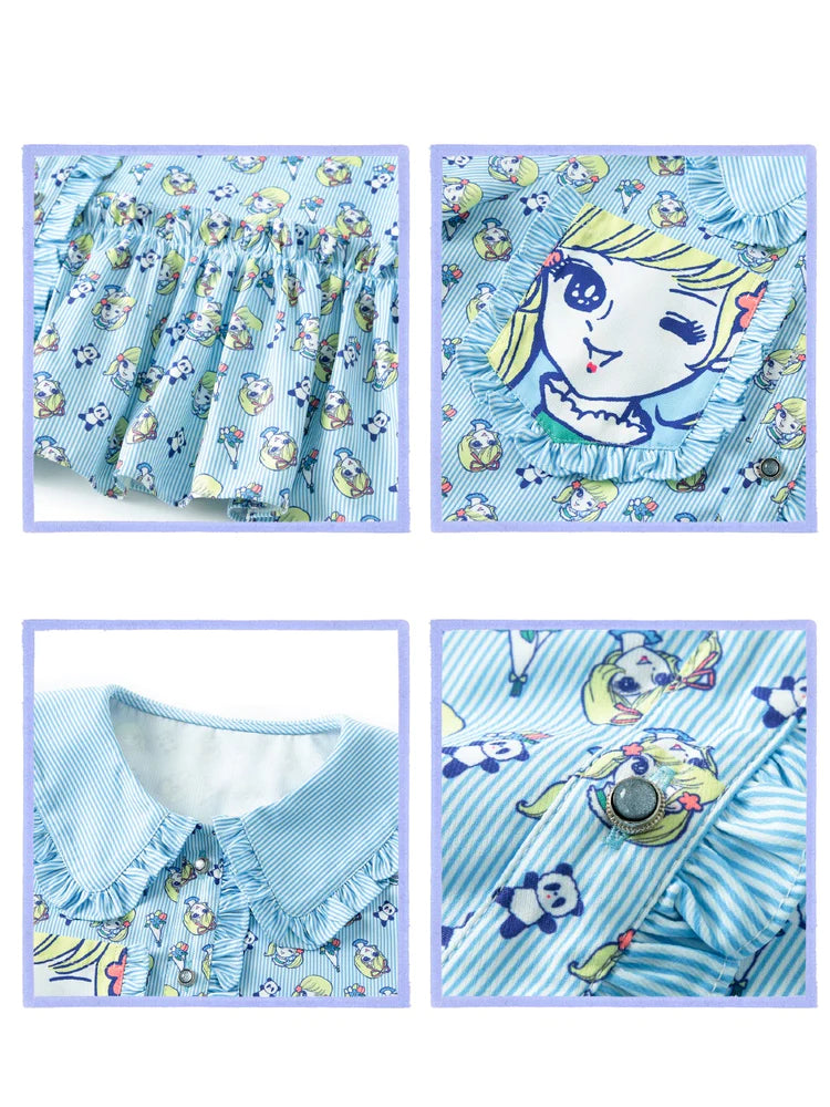 Striped Girl Cartoon Print Ruffle Stitching Shirt