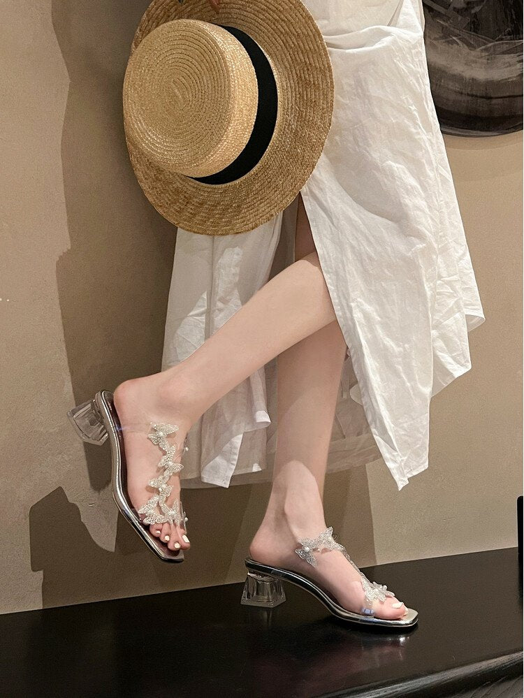 Lost in the Butterfly Valley! Exquisitely beautiful summer sandals with a fairy-like style, featuring blingy transparent butterfly crystal heels, perfect for wearing outdoors.