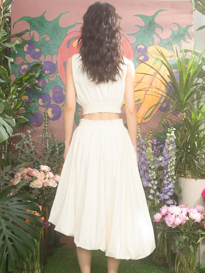 Tulip Embroidery Curved Hem Vest & Bud Skirt- Outfit Inspo