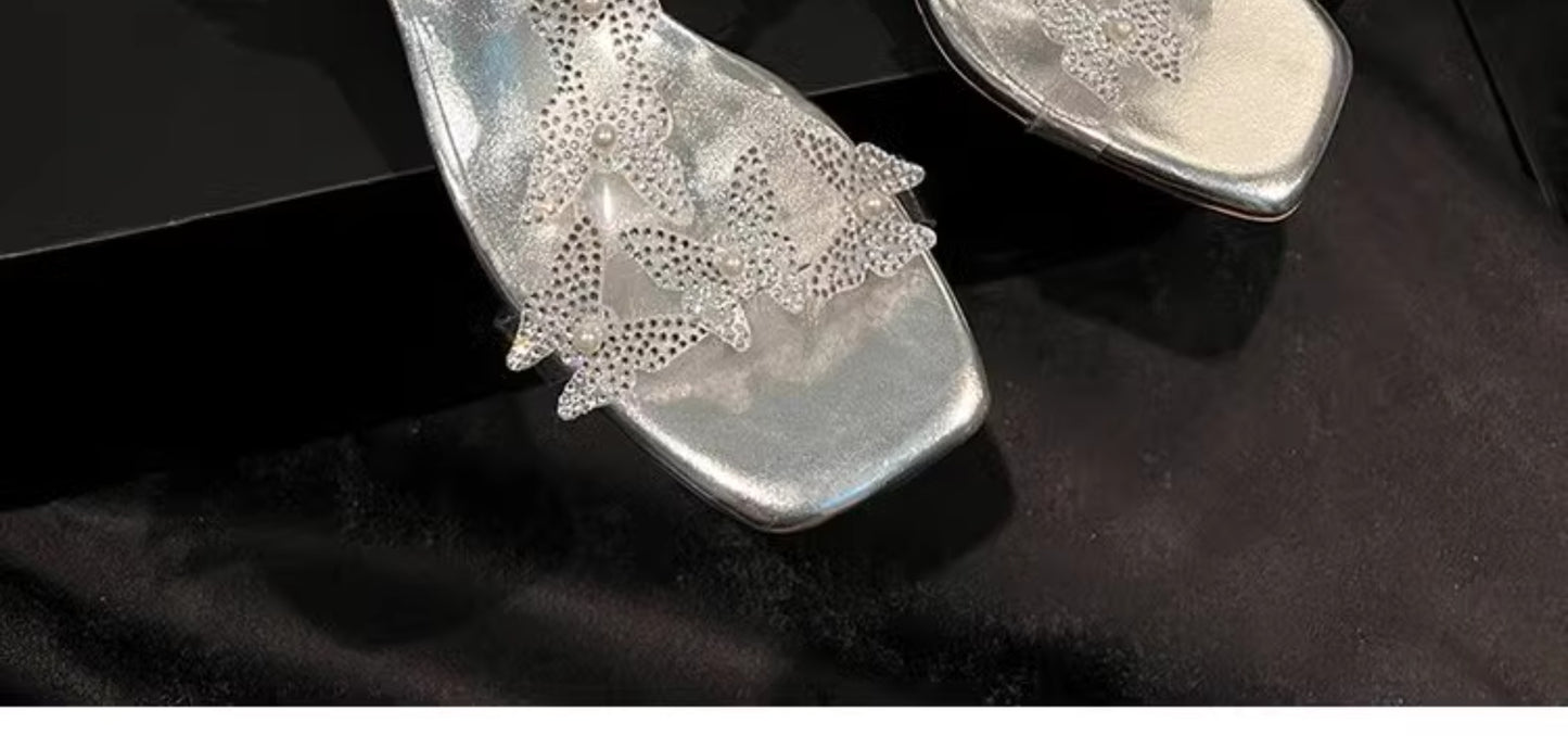 Lost in the Butterfly Valley! Exquisitely beautiful summer sandals with a fairy-like style, featuring blingy transparent butterfly crystal heels, perfect for wearing outdoors.