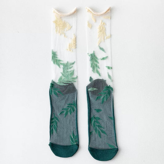 CrazySox's new French art silk stockings for women, featuring thin AB asymmetrical glass silk trendy mid-calf socks.