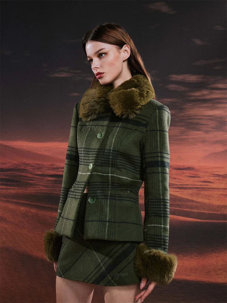 Plaid Woolen Splicing Jacket & A-Line Skirt